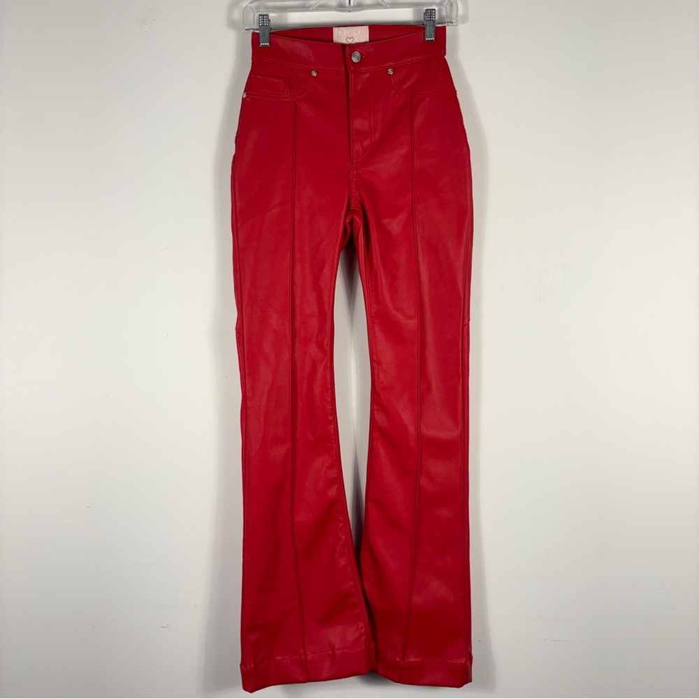 ❤️REVICE Denim Venus Flare X Mars Faux Leather Pants Red Gloss High Rise 70s 25